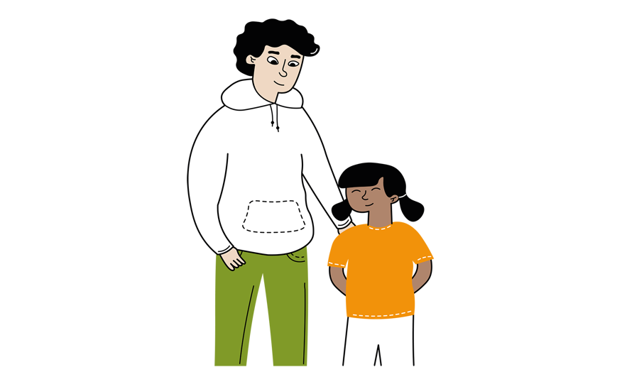 Illustration av tonåring och barn som står nära varandra