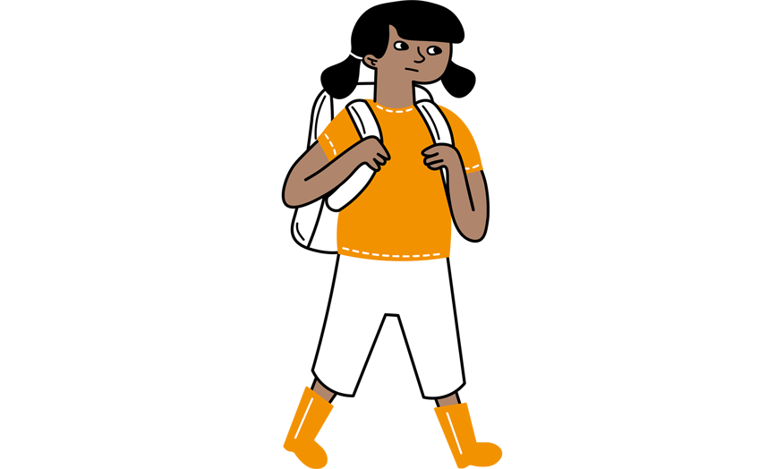 Illustration av ett barn som går och bär en ryggsäck. 