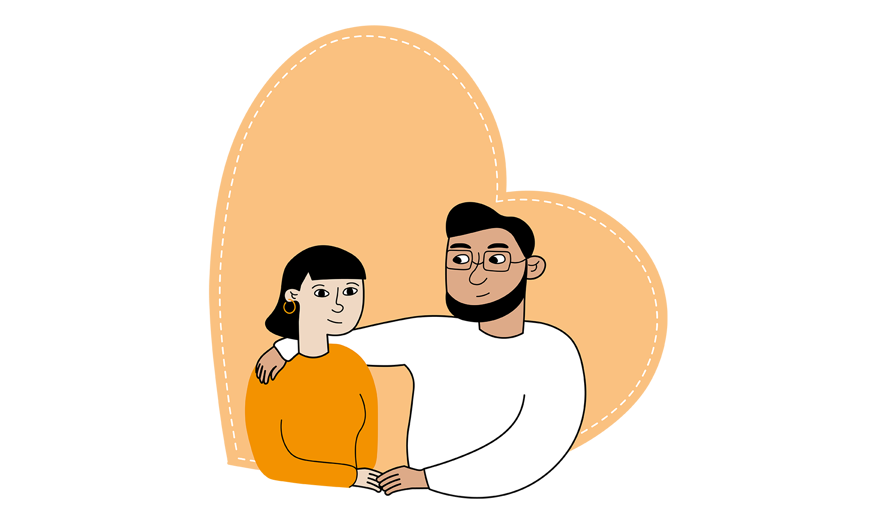 Illustration av ett barn och en vuxen inuti ett orange hjärta.